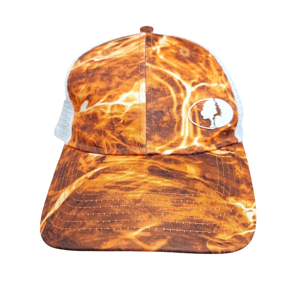 Mossy Oak Trucker Hat Orange White Camo Marble Print Mesh Back Stretch Fit S/M